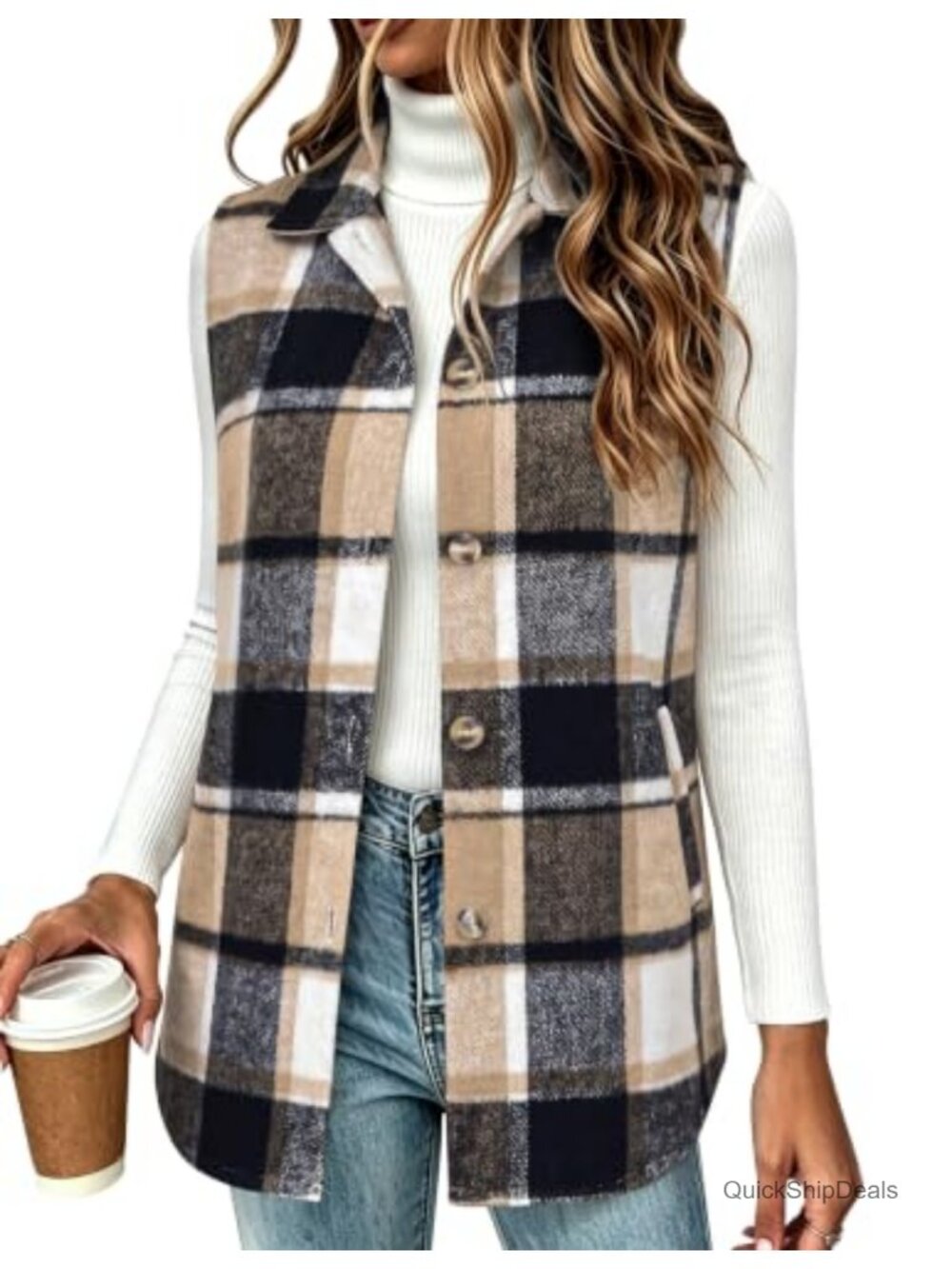 Women's Plaid Flannel Vest Sleeveless Button Down Lapel Collar Jacket